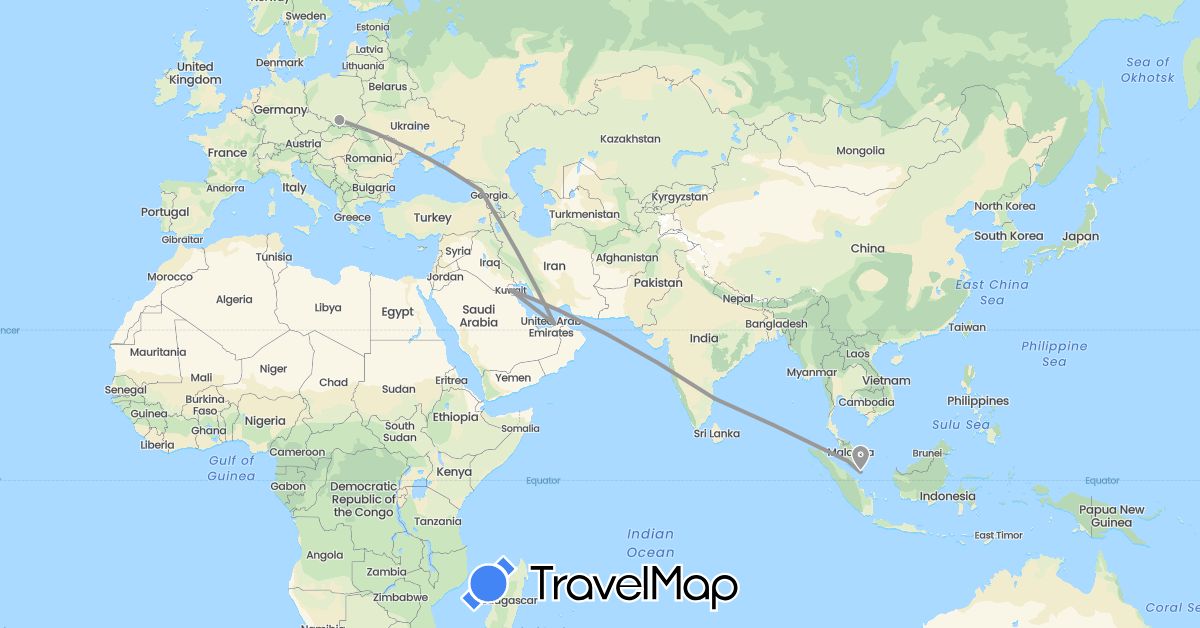 TravelMap itinerary: plane in United Arab Emirates, Georgia, India, Kuwait, Malaysia, Poland, Singapore (Asia, Europe)